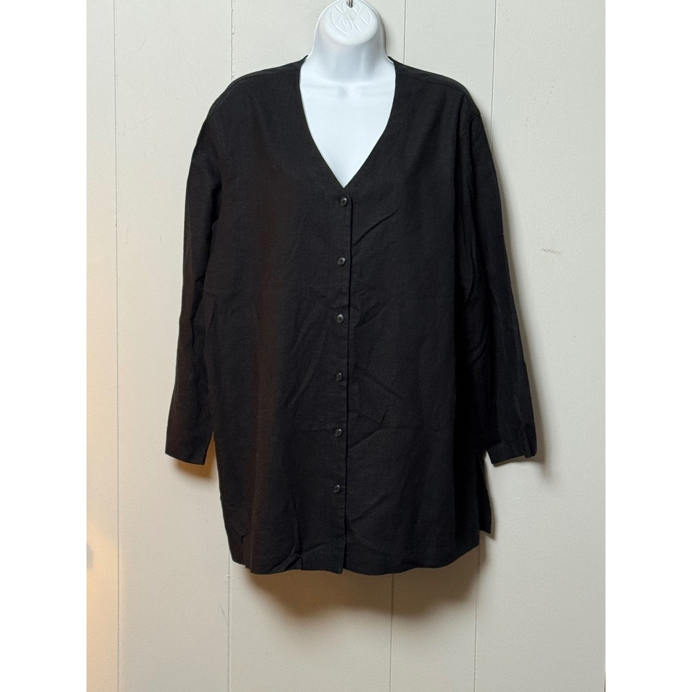 Coldwater Creek Women's Black Linen Rayon V-Neck Button Front Tunic Top Size 1X